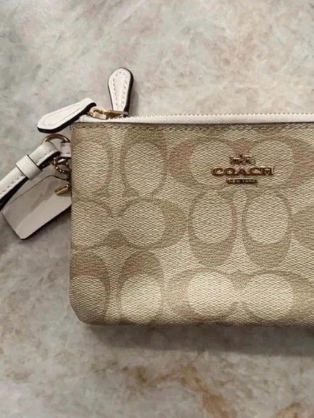 Coach Beige Signature Canvas Wristlet with White Trim